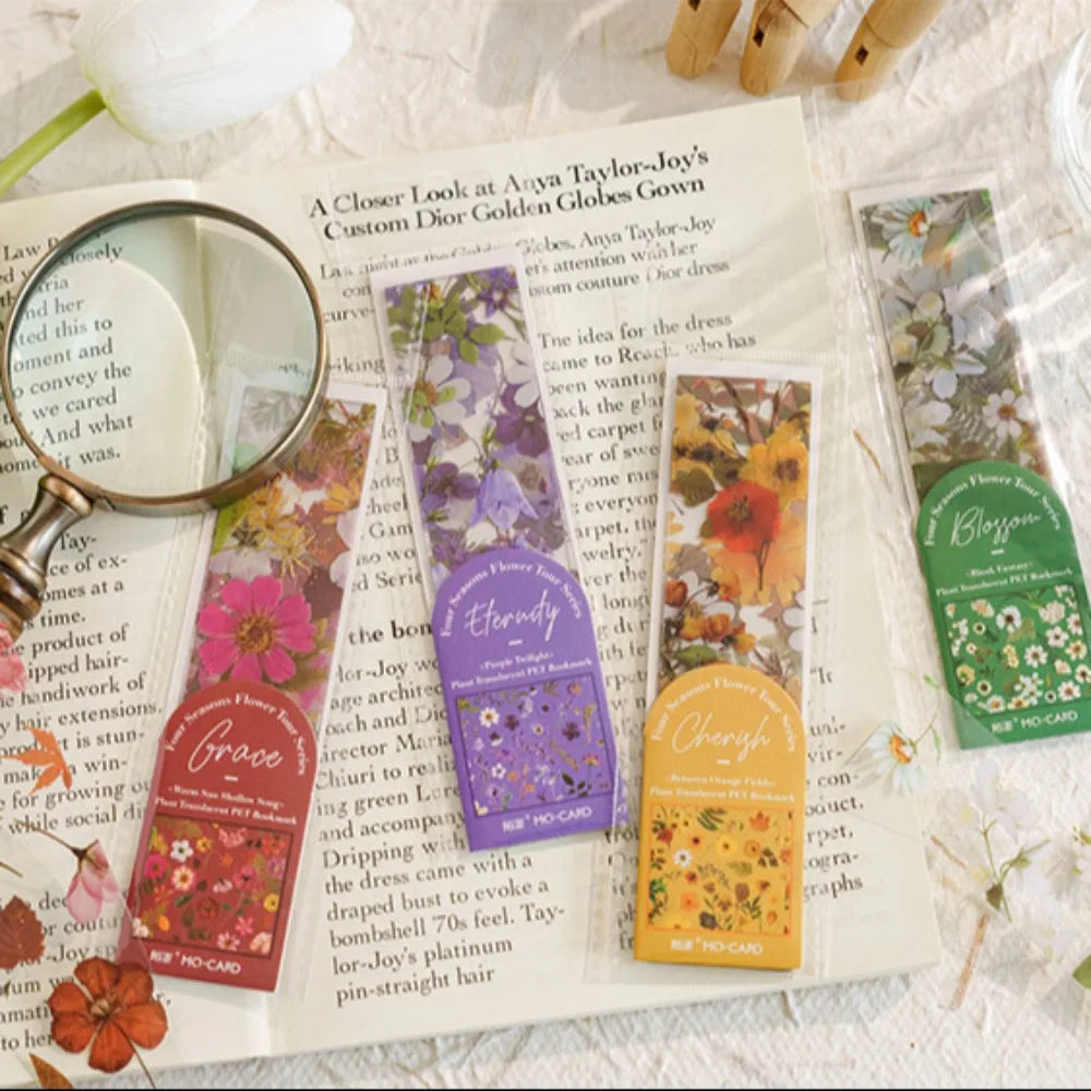 5PCS PVC Flower Travel Series Bookmark Four Seasons Stationery Reading Book Mark Translucent Natural Plant Bookmark Supplies