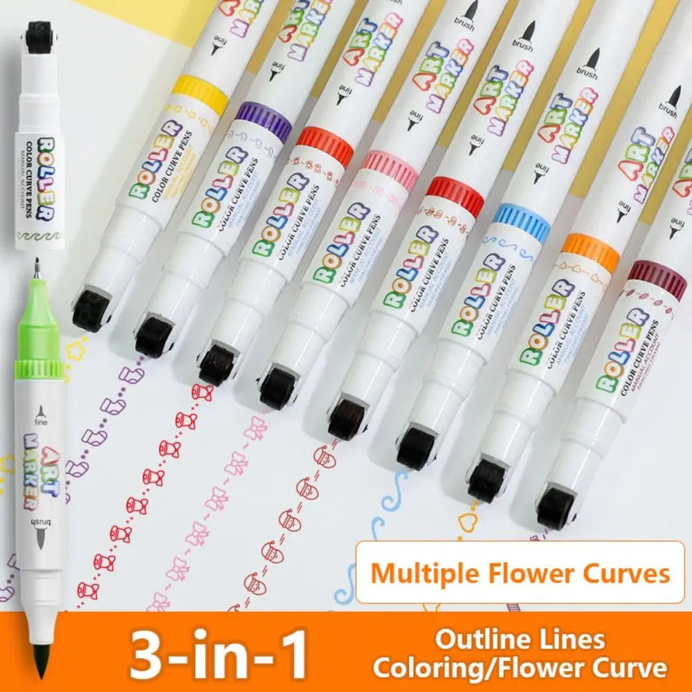 8/12/24 Colors 3-in-1 Roller Flower Outline Curve Pen Highlighter Marker Pens Multi-Function Water-based Pen Hand Account Pen